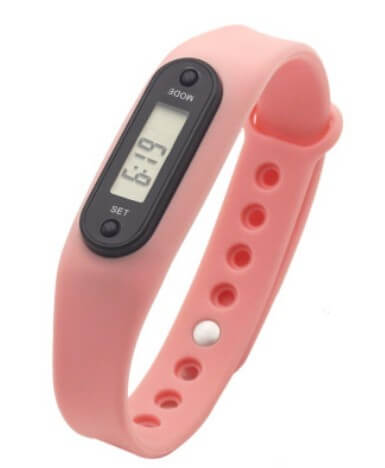 Pedometer Watch Wrist Watch in pink color with digital display and adjustable strap.
