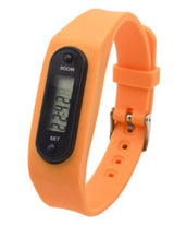 Pedometer Watch Wrist Watch in bright orange color with digital display and adjustable strap.
