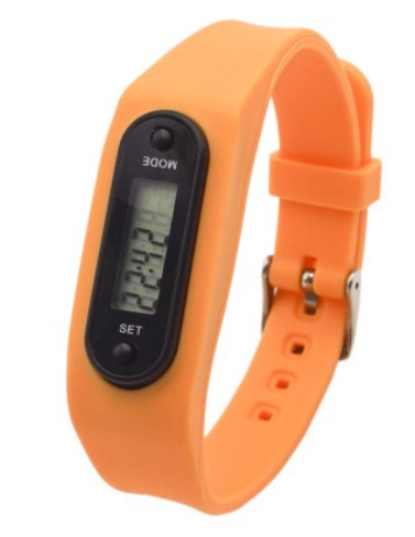 Pedometer Watch Wrist Watch in bright orange color with digital display and adjustable strap.